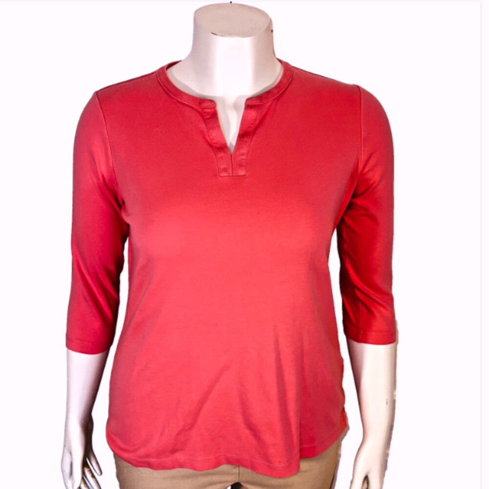 L.L. Bean Top Womens M Pink 3/4 Sleeve Tee Shirt Placket V-Neck